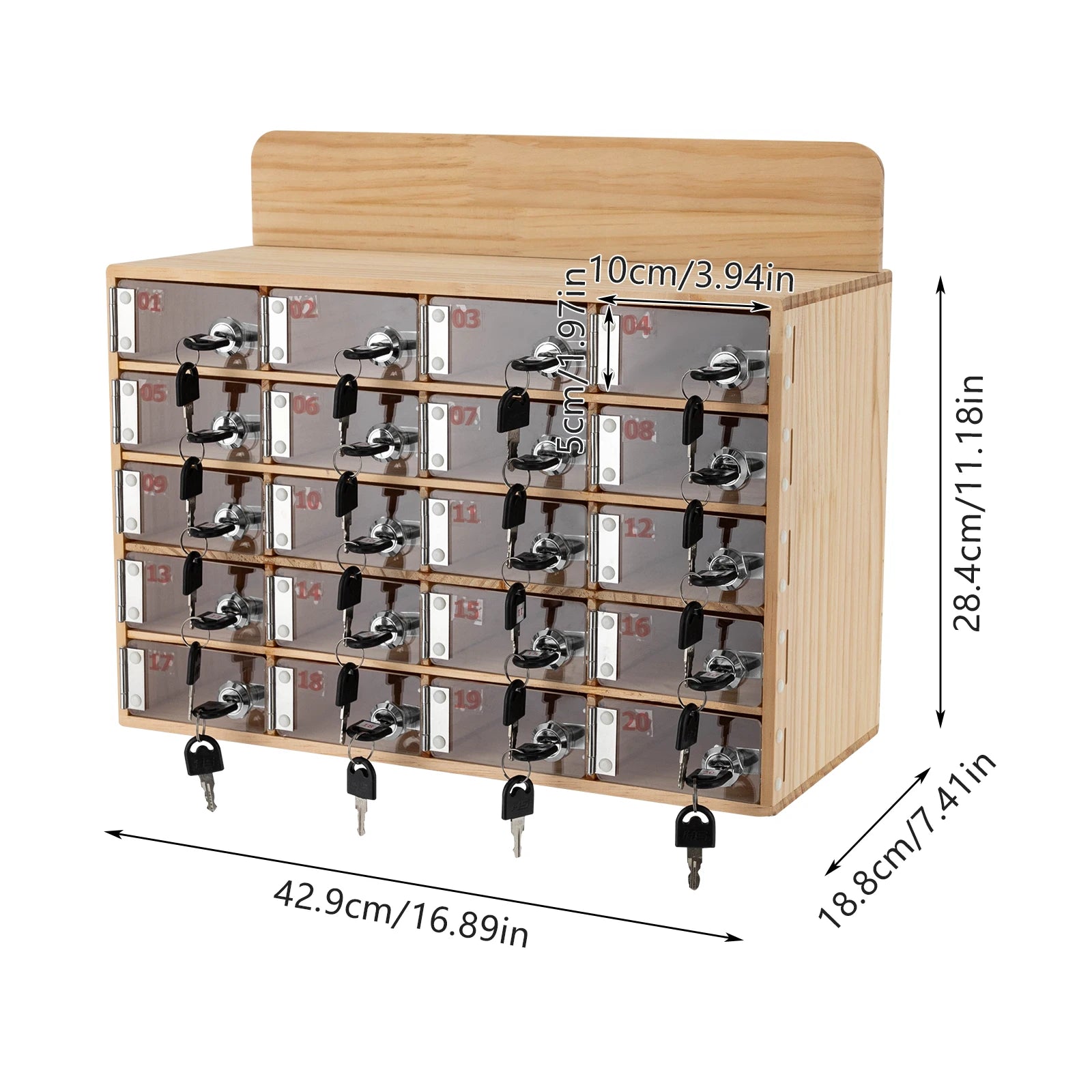 20-Slot Solid Wood Phone Locker Cabinet with Acrylic Doors & Keys | Wall/Freestanding Mount | 50kg Load | 10x18cm Slots