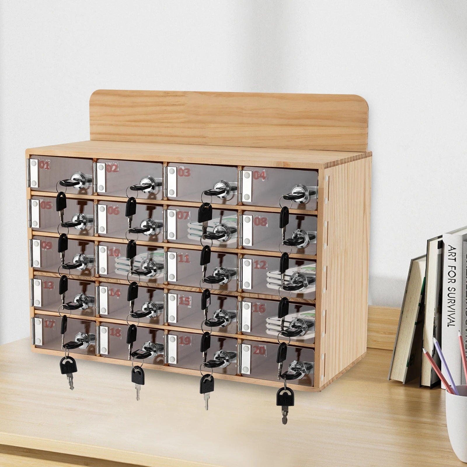 20-Slot Solid Wood Phone Locker Cabinet with Acrylic Doors & Keys | Wall/Freestanding Mount | 50kg Load | 10x18cm Slots