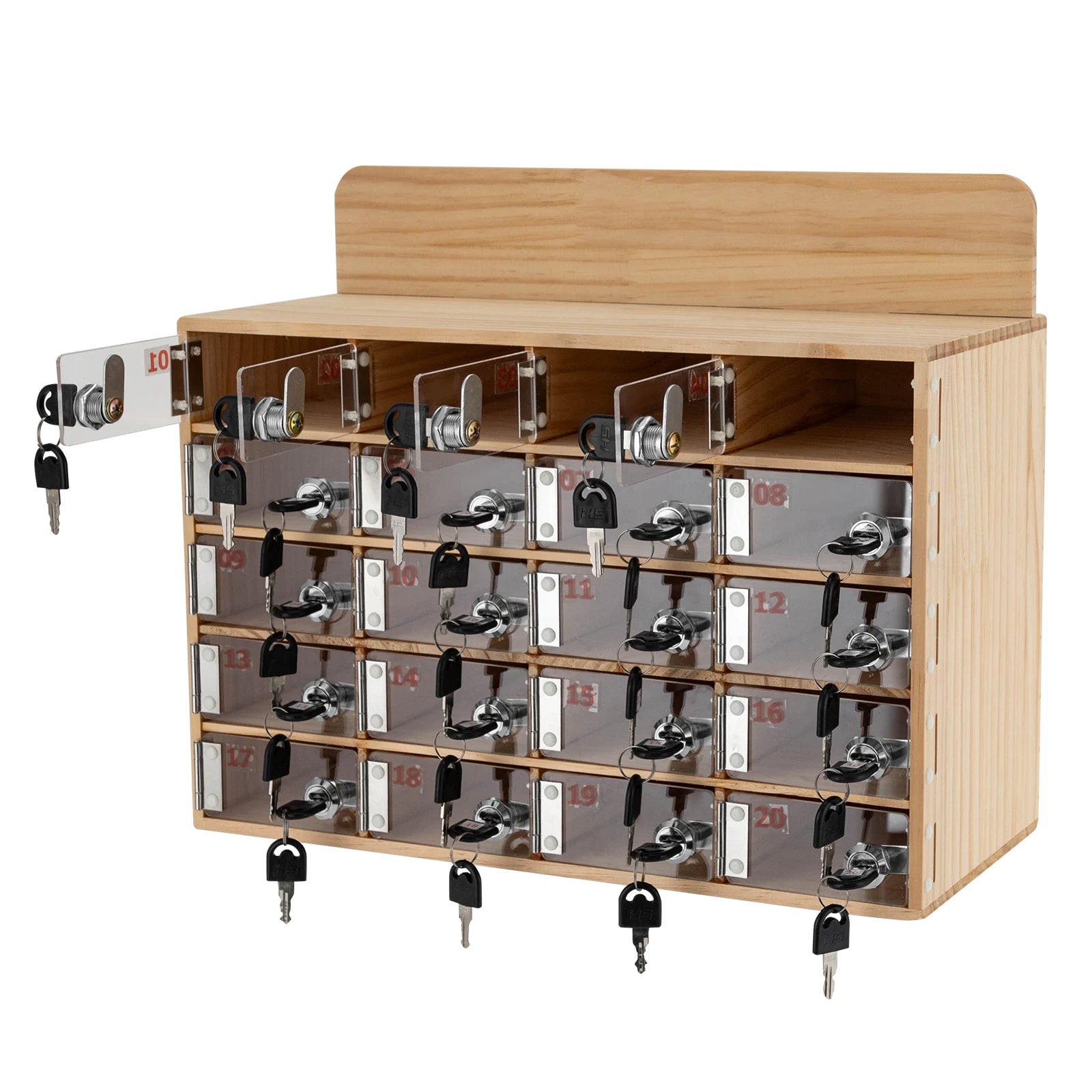 20-Slot Solid Wood Phone Locker Cabinet with Acrylic Doors & Keys | Wall/Freestanding Mount | 50kg Load | 10x18cm Slots