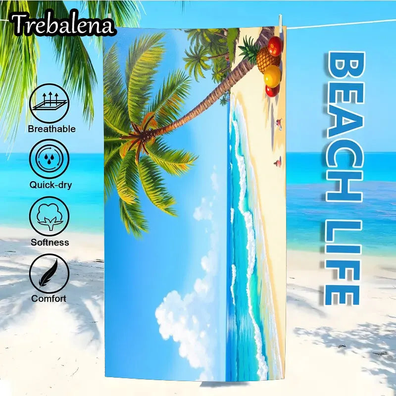 30*60inch Ultra-Soft Beach Towel with Tropical Beach Scene Palm Tree Print Towel