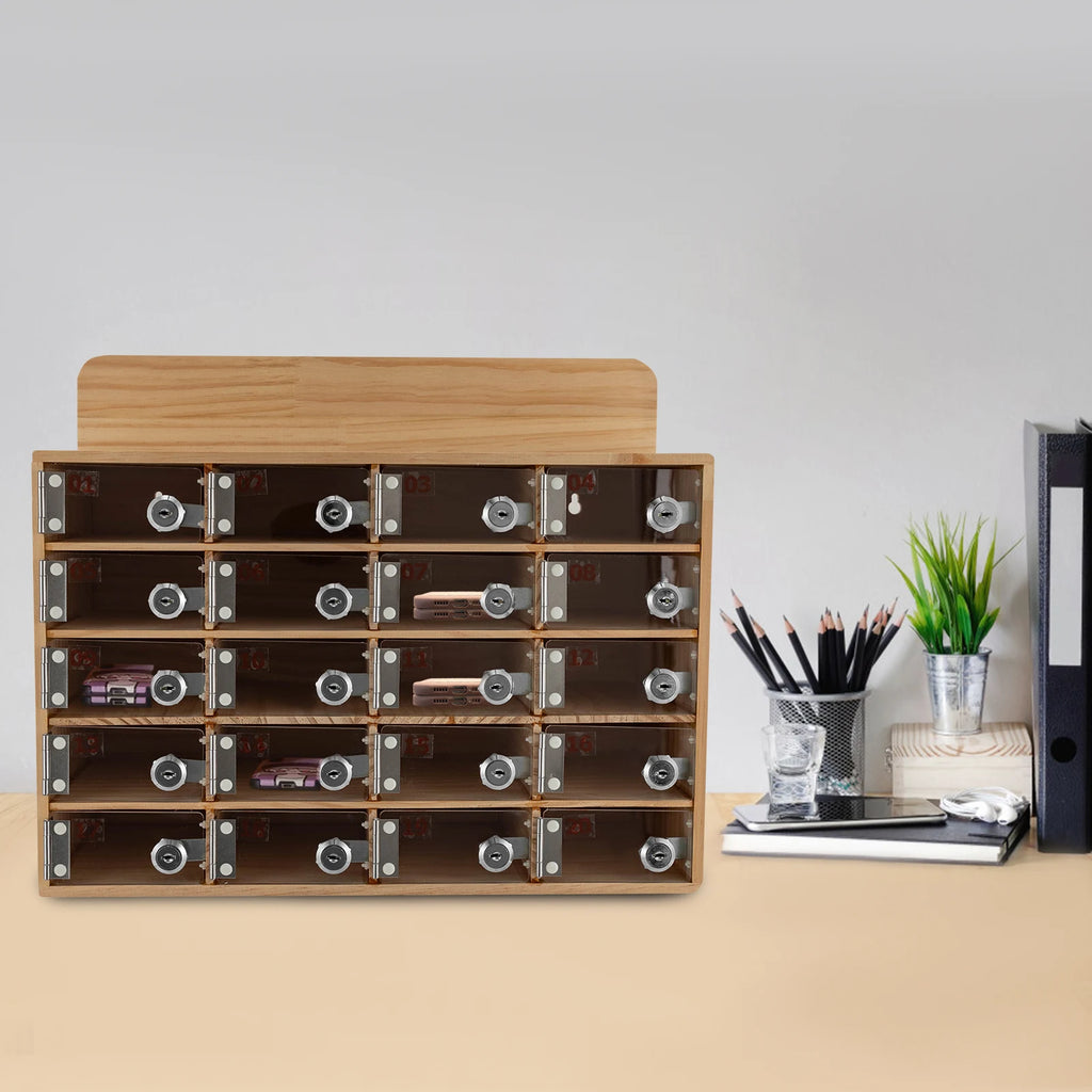 20-Slot Solid Wood Phone Locker Cabinet with Acrylic Doors & Keys | Wall/Freestanding Mount | 50kg Load | 10x18cm Slots