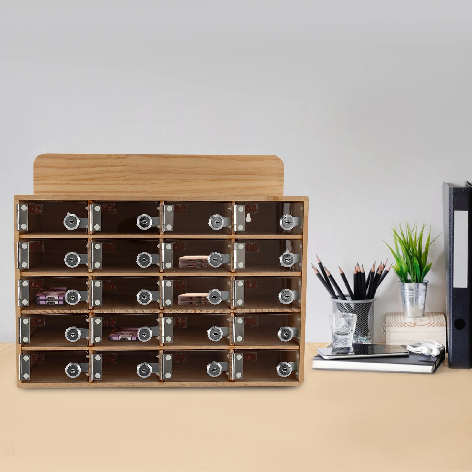 20-Slot Solid Wood Phone Locker Cabinet with Acrylic Doors & Keys | Wall/Freestanding Mount | 50kg Load | 10x18cm Slots