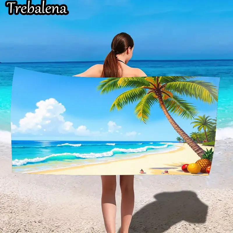 30*60inch Ultra-Soft Beach Towel with Tropical Beach Scene Palm Tree Print Towel