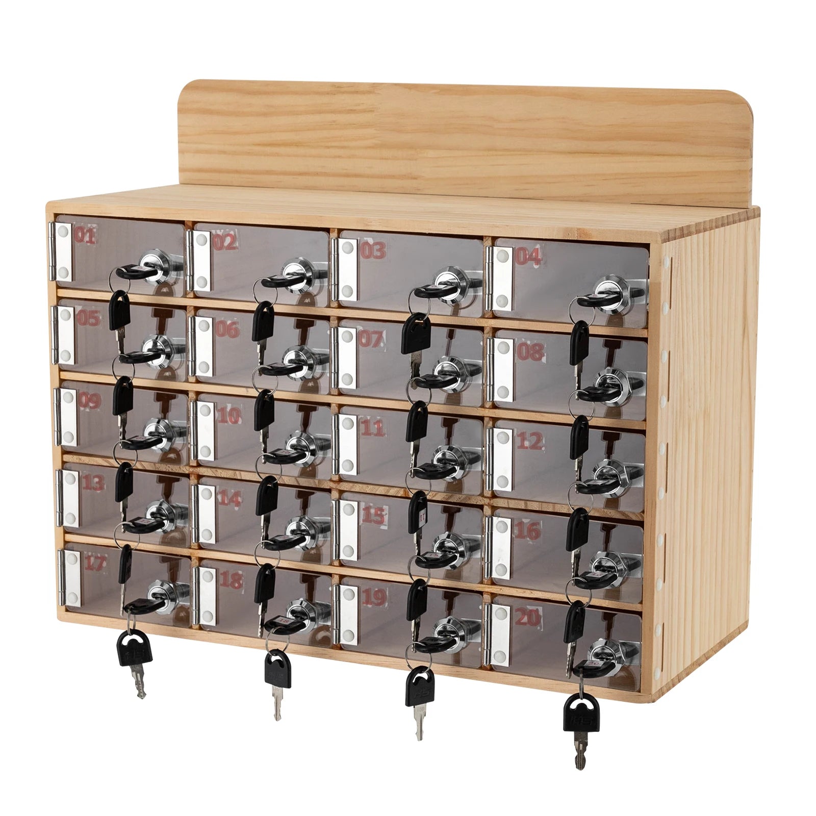 20-Slot Solid Wood Phone Locker Cabinet with Acrylic Doors & Keys | Wall/Freestanding Mount | 50kg Load | 10x18cm Slots