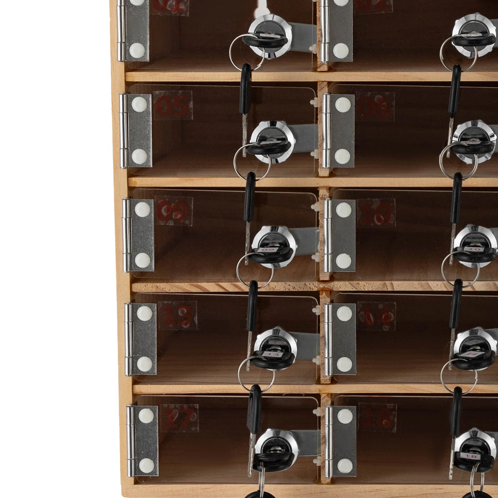 20-Slot Solid Wood Phone Locker Cabinet with Acrylic Doors & Keys | Wall/Freestanding Mount | 50kg Load | 10x18cm Slots