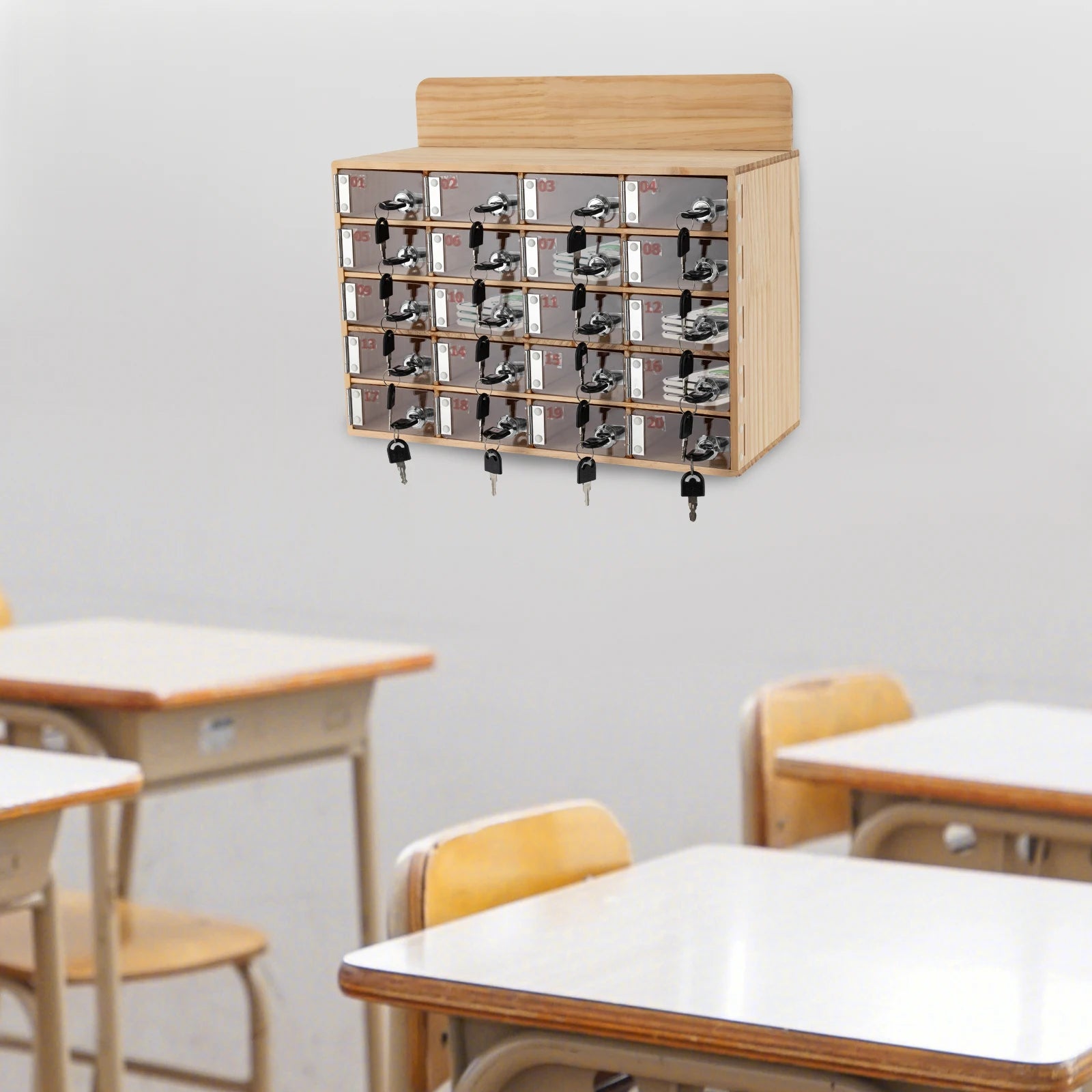 20-Slot Solid Wood Phone Locker Cabinet with Acrylic Doors & Keys | Wall/Freestanding Mount | 50kg Load | 10x18cm Slots
