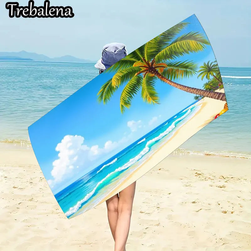 30*60inch Ultra-Soft Beach Towel with Tropical Beach Scene Palm Tree Print Towel