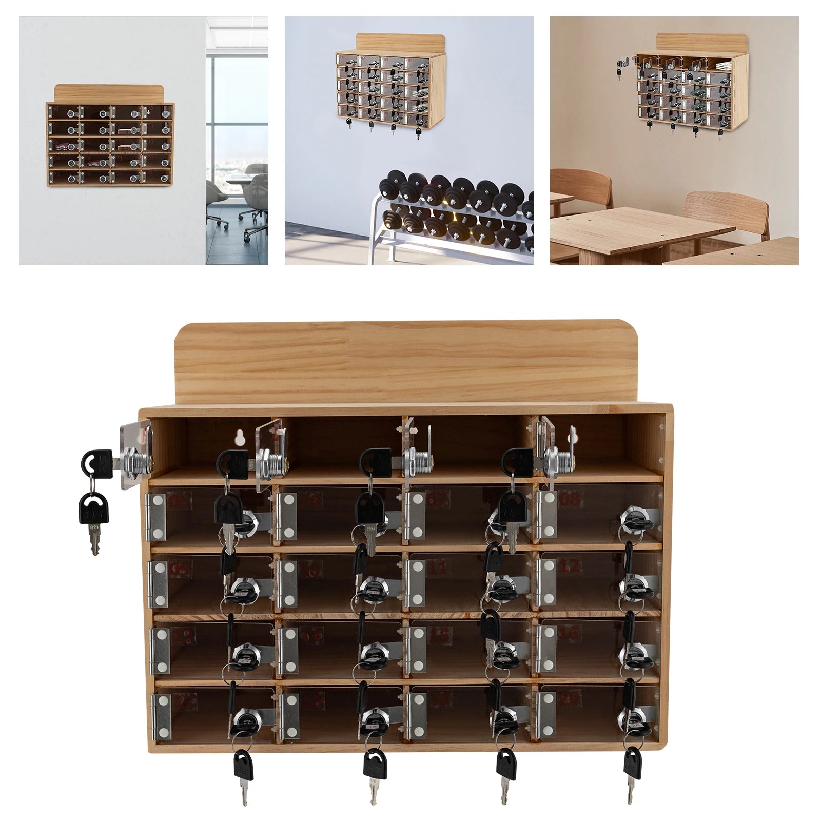 20-Slot Solid Wood Phone Locker Cabinet with Acrylic Doors & Keys | Wall/Freestanding Mount | 50kg Load | 10x18cm Slots